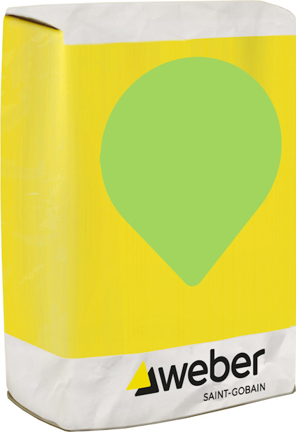 Gul förpackning med texten "weber SAINT-GOBAIN" och en grön droppformad symbol.