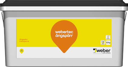 Vit rektangulär behållare med etikett i gul och orange färg, texten "webertec ångspärr" och logotyp.