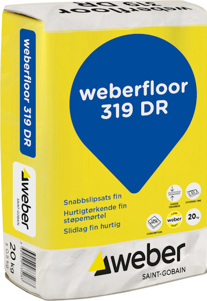 Förpackning med texten "weberfloor 319 DR". Märken: Weber och Saint-Gobain. Innehåller stöpemörtel. 20 kg.