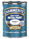 Burk med Hammerite metallfärg, semimat vit. Text på etiketten: "Direct to rust", "No need to prime or undercoat", "Quick-drying".