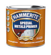 Burk med texten "Hammerite Special Metals Primer". Orangeröd etikett med bilder och text som nämner utmärkt vidhäftning.