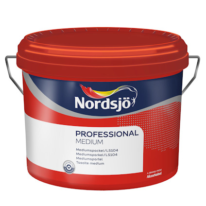 Förpackning av Nordsjö Professional Medium spackel, röd och grå design med texten "Mediumspackel/LS104".