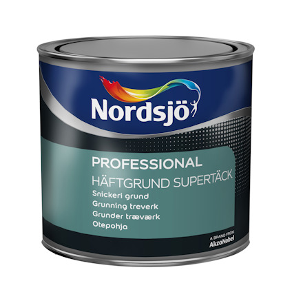 Färgbehållare med Nordjö-logo och texten "PROFESSIONAL HÄFTGRUND SUPERTÄCK" på etiketten.