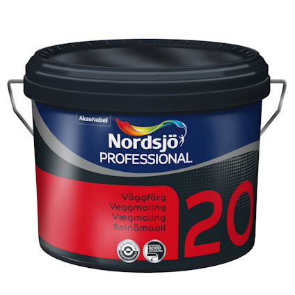 Hink med Nordsjö Professional väggfärg, blå och röd etikett med texten "Väggfärg 20".