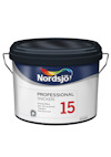 Färgburk med texten "Nordsjö Professional Snickeri 15". Vit etikett, svart lock och bärhandtag.
