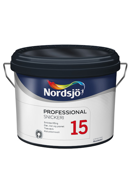 Färgburk med texten "Nordsjö Professional Snickeri 15". Vit etikett, svart lock och bärhandtag.