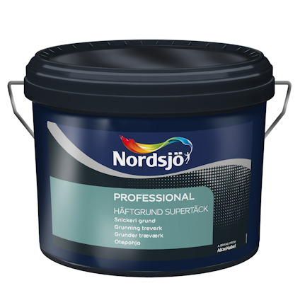 Professionell vit och blå burk med Nordsjö-logotyp och texten "Häftgrund Supertäck".
