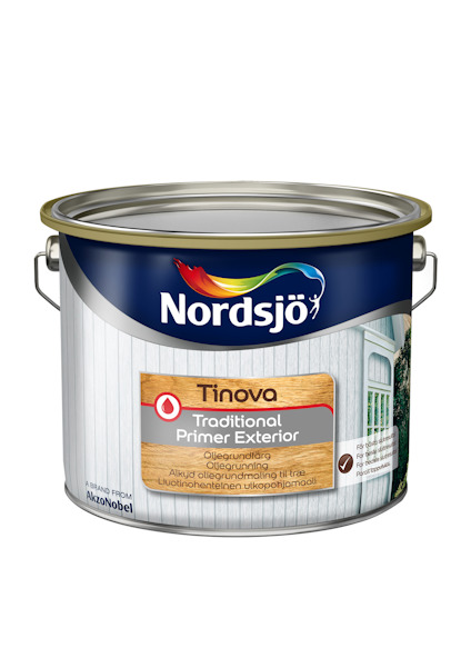Nordsjö Tinova Traditionell Primer Exterior-burk med färgad etikett och logotyp.