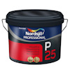 Mörkblå färgburk med texten "Nordsjö Professional P25". Burken har handtag och röd etikett med fler språk på.