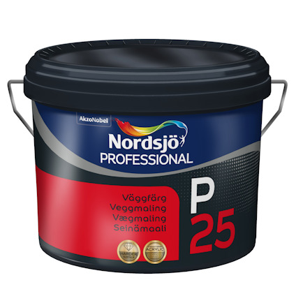 Mörkblå färgburk med texten "Nordsjö Professional P25". Burken har handtag och röd etikett med fler språk på.