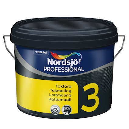 Svart hink med Nordsjö Professional takfärg. Text på etiketten: "Takfärg, Takmaling, Loftmaling, Kattomaali, 3".