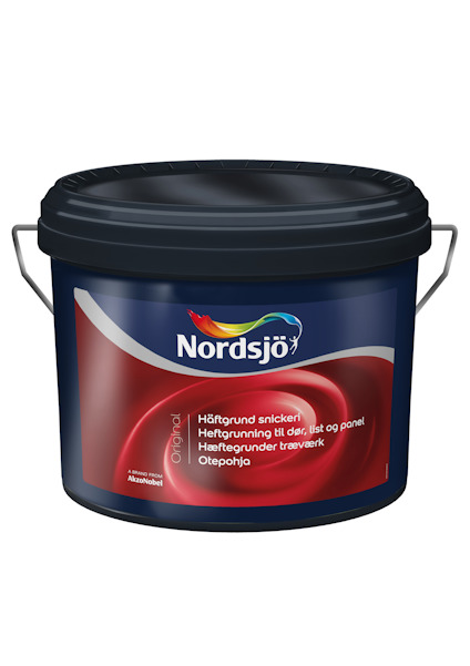 Blå och röd hink med svart lock märkt "Nordsjö", innehållande häftgrund.