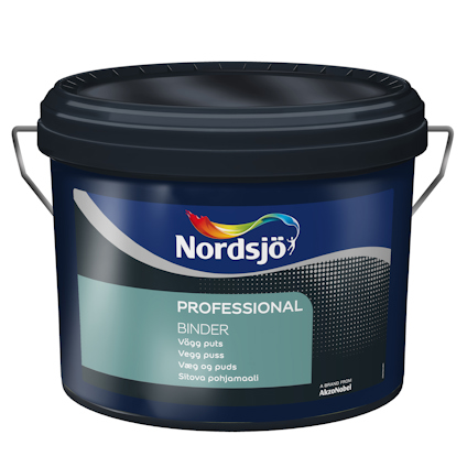 Svart plasthink med etikett för Nordsjö Professional Binder, vit text och färgat mönster.