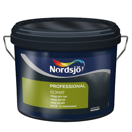 Färgbehållare med Nordshö logotyp och etiketttext: "Professional Isomat Vägg och tak".