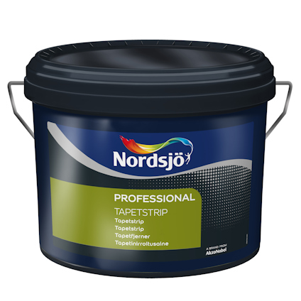 Behållare med etikett "Nordsjö Professional Tapetstrip" och en regnbågsfärgad logotyp.