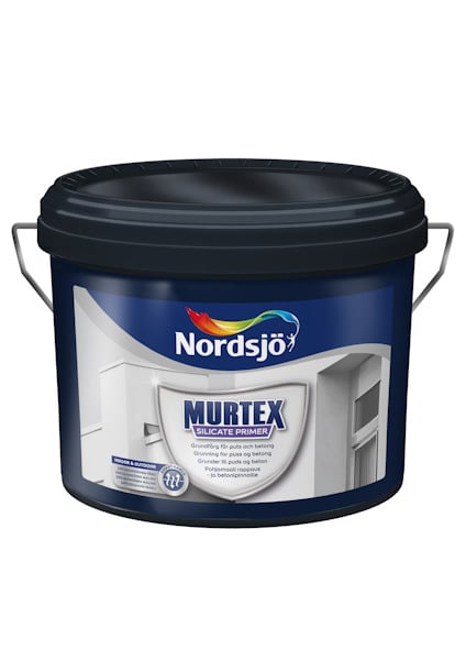 Hink med Nordsjö Murtex Silicate Primer, blå etikett med logotyp och illustration av fasad.