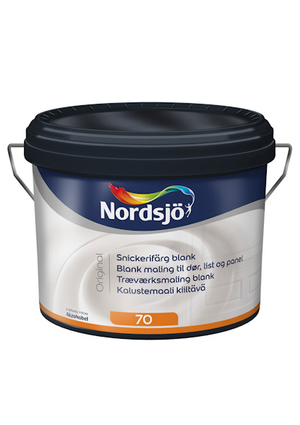 Färgburk med etiketten "Nordsjö Snickerifärg blank" på framsidan, med svart lock och handtag.