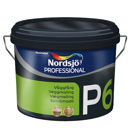 Färgbehållare med mörkblått lock, märkning "Nordsjö Professional P6", text på flera språk, inklusive "Väggfärg".