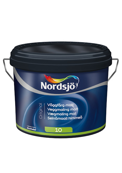 Färgburk med etikett "Nordsjö Väggfärg Matt 10" i blå och svarta nyanser.