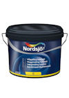 Burk med Nordsjö väggfärg, etikett i blått med text på flera språk och färgskala upptill.