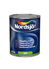 En burk med Nordsjö väggfärg i mörkblå förpackning med regnbågsfärgad logotyp och grön etikett. Text på flera språk.