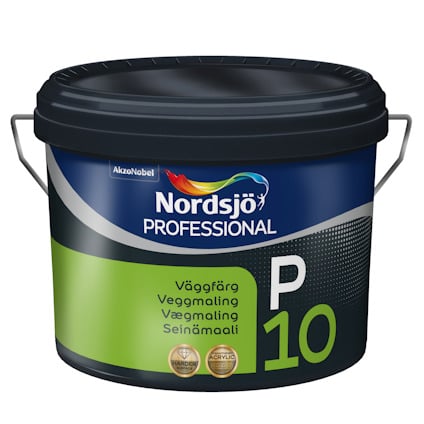 Färgbehållare med texten "Nordsjö Professional P10" och "Väggfärg", i blå och grön design.
