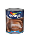 Färgbehållare med Nordjö-logotyp, text "Parkettlack halvblank" på flera språk, och siffran 45 på etiketten.