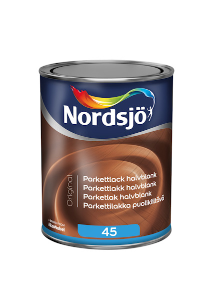 Färgbehållare med Nordjö-logotyp, text "Parkettlack halvblank" på flera språk, och siffran 45 på etiketten.