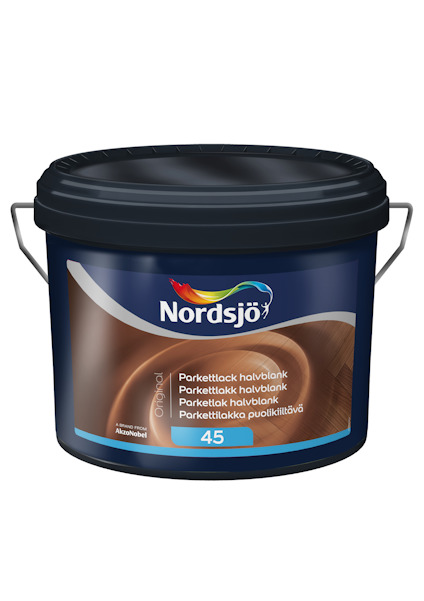 Förpackning med Nordsjö Original halvblank parkettlack, 2,5 liter, med svart lock och handtag.