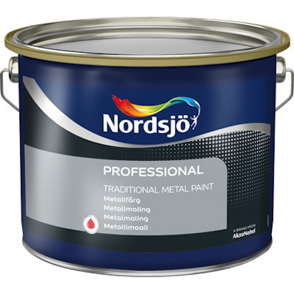 Burk med blå etikett märkt "Nordsjö Professional Traditional Metal Paint" med flerfärgad logotyp.