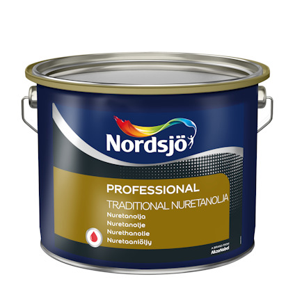 Färgbehållare med texten "Nordsjö Professional Traditonal Nuretanolja." Blå och guld etikett med logotyp.