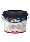 Snickerifärg Nordsjö original halvmatt, vit hink med svart lock och färgglad logotyp. Etikett med produktinformation.