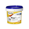 Vit plastbehållare med lock, etikett med texten "Polyfilla Mega Filler" och instruktioner på flera språk.