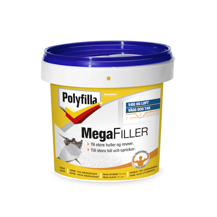 Vit plastbehållare med lock, etikett med texten "Polyfilla Mega Filler" och instruktioner på flera språk.