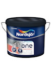 Hink med Nordsjö One Transparent lasyr, blå etikett med text och bild på hus, svarta lock och handtag.
