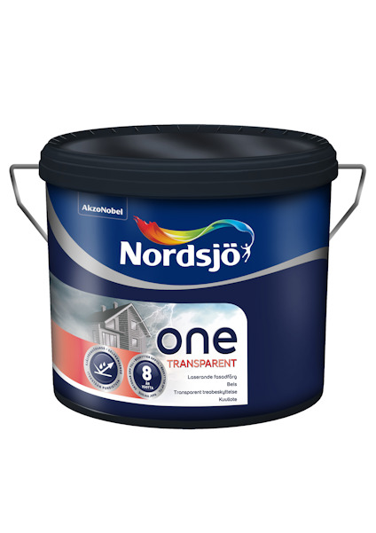Hink med Nordsjö One Transparent lasyr, blå etikett med text och bild på hus, svarta lock och handtag.