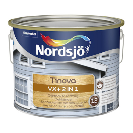 Färgbruksburk med etikett som visar "Nordsjö Tinova VX+ 2 in 1".