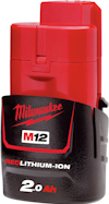 Rött och svart batteri med texten "Milwaukee M12 REDLITHIUM-ION 2.0 Ah".