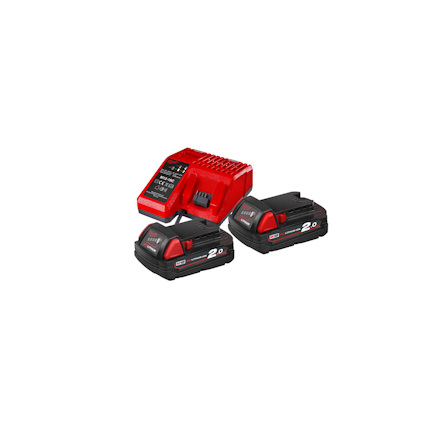 Batteriladdare och två batterier med röd och svart design, text "M18 REDLITHIUM".