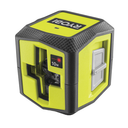 Kompakt, grön och svart krysslaser med logotypen "Ryobi" och ett maxavstånd på 10 meter tydligt markerat.