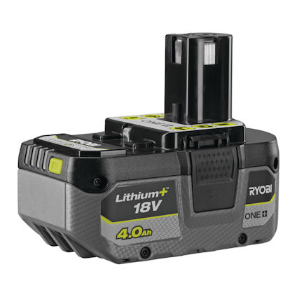 Batteri med etikett "Lithium+ 18V 4.0Ah", svart och grön design med fäste ovanpå. Märkt "RYOBI" och "ONE+".