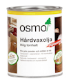 Hårdvaxolja burk med etikett text: OSMO Hårdvaxolja. Pigmenterad. För golv, paneler och möbler av trä. Sidenmatt