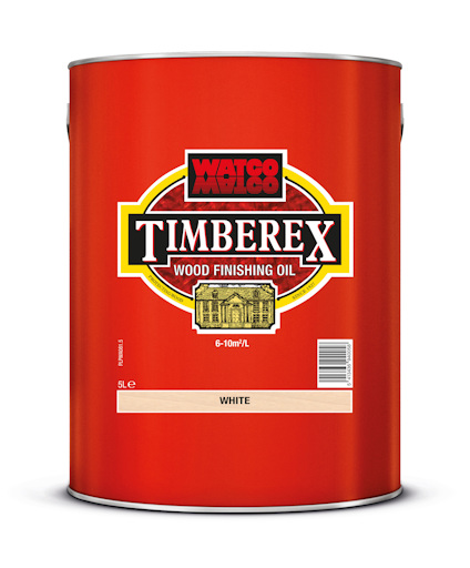 Röd plåtburk med texten "Timberex Wood Finishing Oil White".