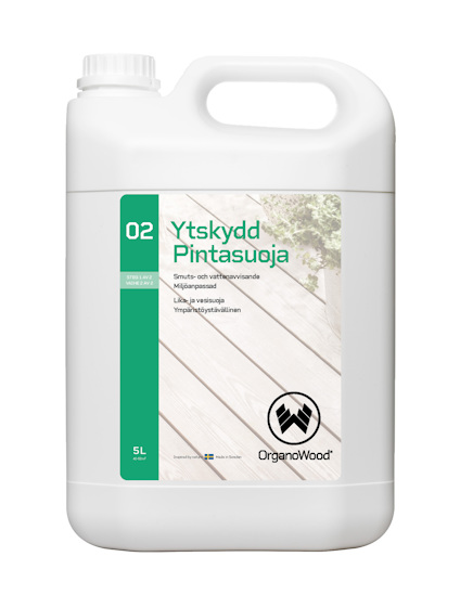 Vit plastbehållare med handtag och vit kork. Etikett med texten "Ytskydd 02" och "OrganoWood". 5 liter.