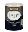 Mörkblå burk med vit etikett och texten "LADY Pure Color supermatt vegg". Märket Jotun syns högst upp.