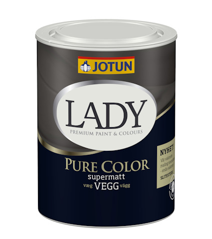 Mörkblå burk med vit etikett och texten "LADY Pure Color supermatt vegg". Märket Jotun syns högst upp.