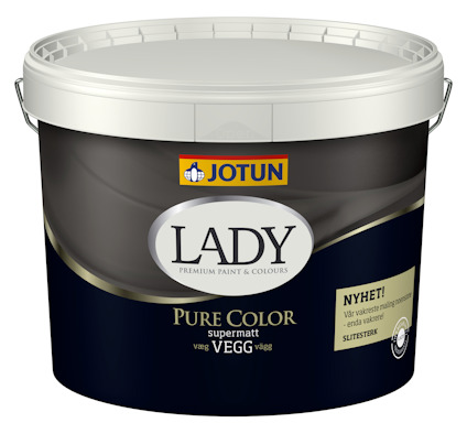 JOTUN LADY Pure Color väggfärg i vit hink med blå etikett och produktinformation.