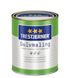 Färgburk med etikett "Trestjerner Gulvmaling", grön design, blålila vågor, och tre stjärnor. Text på norska och svenska.