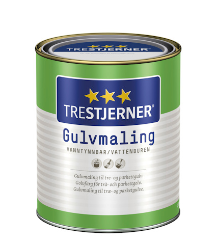 Färgburk med etikett "Trestjerner Gulvmaling", grön design, blålila vågor, och tre stjärnor. Text på norska och svenska.