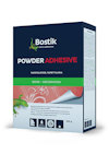 Förpackning med Bostik Powder Adhesive, 500g, med illustrerad etikett och text på flera språk.